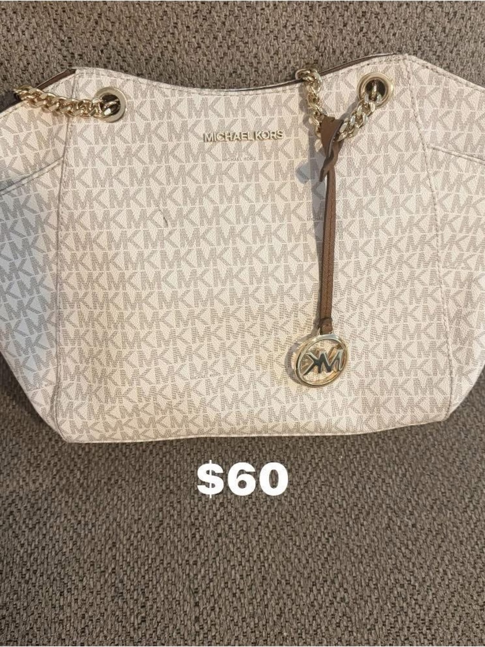 Michael Kors Cream and Brown Logo Tote with Gold Accents